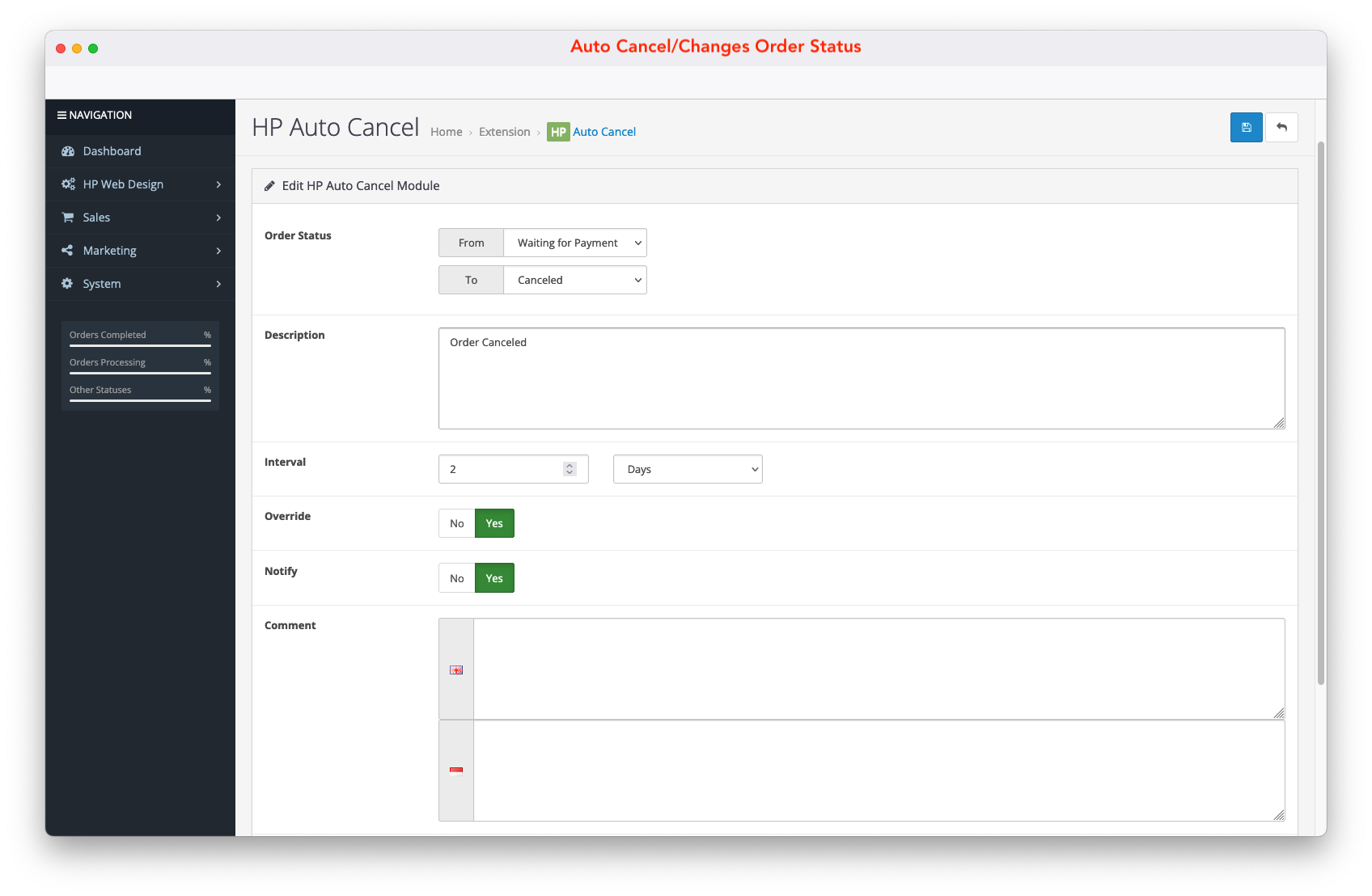 auto cance order status setting opencart